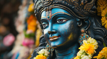 Fototapeta premium Blue painted statue of hindu god krishna with flower garlands