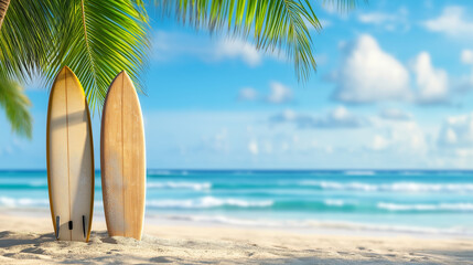 Two surfboards are waiting on the sand for surfers on a tropical beach