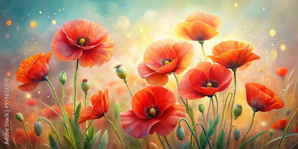 Wall mural Delicate watercolor brushstrokes dance across the page, bringing to life a vibrant bouquet of red poppies, softly