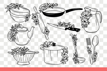 Kitchen utensils for housewives and professional chefs preparing culinary masterpieces. Kitchen utensils with flowers and frying pan with sharp knife near saucepan or jug. Hand drawn.