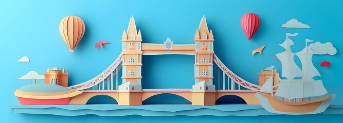 Fototapeta premium 17. **Create a 3D paper cut scene of Tower Bridge in London with its detailed design, with ample space at the bottom for text.**
