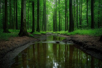 Obraz premium Woods With Creek. Tranquil Forest Scene with Green Trees and Water Stream