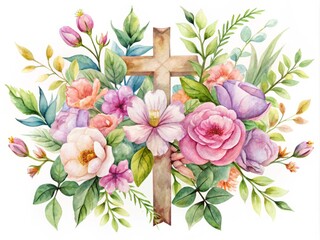 Delicate watercolor design featuring a symbolic Christian cross surrounded by blooming flowers and vines, evoking