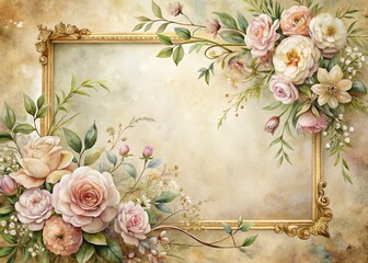 Delicate watercolor flowers and vines spill out of an ornate, distressed gold frame, set against a soft, creamy