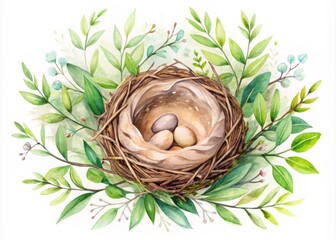 Delicate watercolor illustration of a serene bird's nest, adorned with tender twigs and soft feathers, nestled among