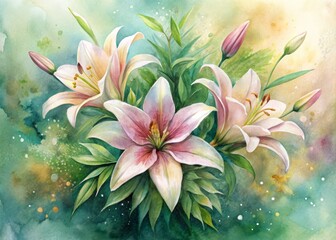 Delicate watercolor illustration of lilies in soft pastel hues, surrounded by lush greenery, with loose brushstrokes