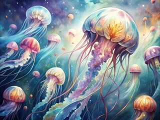 Obraz premium Delicate watercolor jellyfish undulate across the canvas, their translucent bodies and tentacles shimmering with soft,