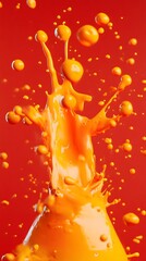 Orange Paint Splashes on Red Background, Abstract Image, Texture, Pattern, Wallpaper, Cover and Screen of Smartphone, PC, Laptop, 9:16 and 16:9 Format