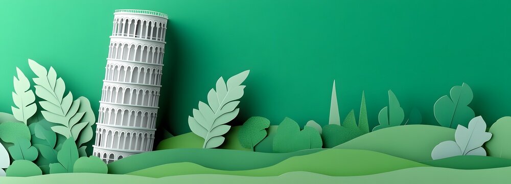 21. **Create a 3D paper cut concept of the Leaning Tower of Pisa with its distinctive tilt, leaving space around it for text.**