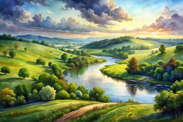 Naklejka premium Dreamy Watercolor Painting Depicts A Serene Landscape With Rolling Hills, Lush Vegetation, And A Tranquil River