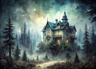 Obraz premium Eerie, dreamlike illustration of a creepy, abandoned mansion looming over a dark, misty forest, rendered in haunting,