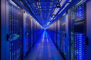 Obraz premium Server room containing servers storing data showing blue lights