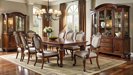 Elegant Dining Room Furniture Set With A Rectangular Table, Chairs With Curved Backs, And A Matching Hutch In