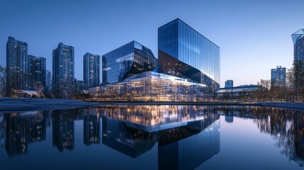 Modern architecture, glass buildings, city reflection, blue hour