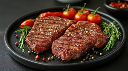Meat and vegetables healthy food diet. Juicy steaks of fresh red meat. Barbecue set.