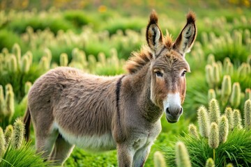 Obraz premium Fluffy Gray Donkey With Long Floppy Ears And A Docked Tail Frolicking In A Field Of Green Devil'S
