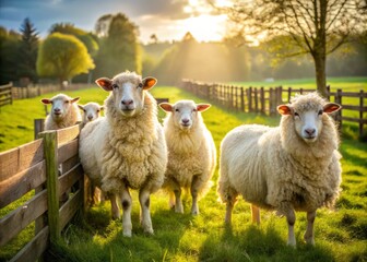 Obraz premium Gentle Suffolk ewes graze peacefully in a lush green meadow, their fluffy white coats glistening in the warm