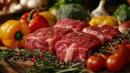 Meat and vegetables healthy food diet. Juicy steaks of fresh red meat. Barbecue set.