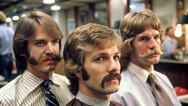 Flared And Shaggy Hairstyles With Sideburns, Long Bangs, And Mustaches In A Retro 1970S Barbershop Setting.