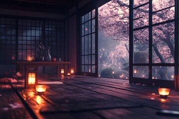 Fototapeta premium Cozy interior of a traditional Japanese house with cherry blossoms outside, warm candlelight creating a serene and peaceful atmosphere