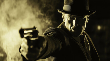 Old fashioned retro style gangster movie noir picture in dramatic scene moment