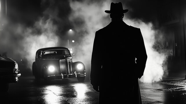 Old fashioned retro style gangster movie noir picture in dramatic scene moment