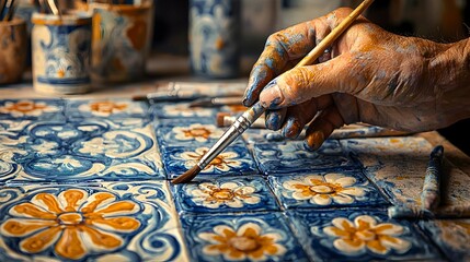 Hand Painting Blue and Yellow Floral Tiles