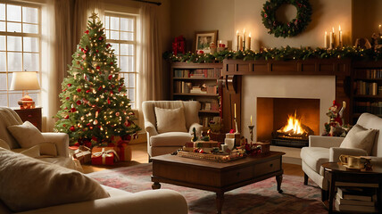 Cozy Christmas Living Room with Fireplace, Embroidered Stockings, Majestic Tree, Plush Sofas, and Warm Ambient Light, Creating an Elegant and Joyful Holiday Atmosphere