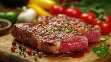 Meat and vegetables healthy food diet. Juicy steaks of fresh red meat. Barbecue set.