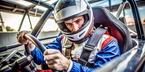 Male Race Car Driver Wearing Protective Gear Sits In A Race Car Adjusting The Seatbelt Inside The Cockpit