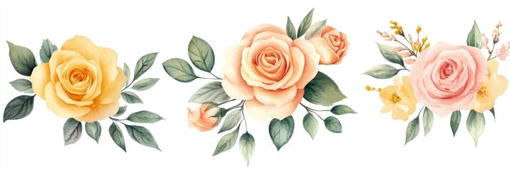 Botanical Illustration Herbs. Watercolor Collection of Roses, Flowers and Leaves for Botanic Bouquet