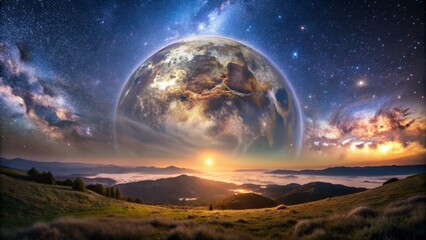 Mesmerizing Celestial Panorama Showcasing The Moon'S Ethereal Glow Against The Vast Expanse Of The Cosmos.