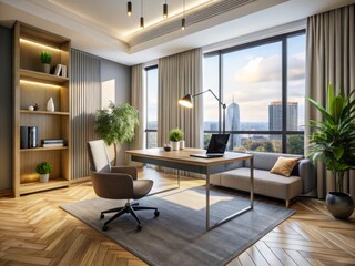 Fototapeta premium Modern And Spacious Room With Sleek Furniture, Natural Light, And A Laptop Open On The Desk Showcasing Interior