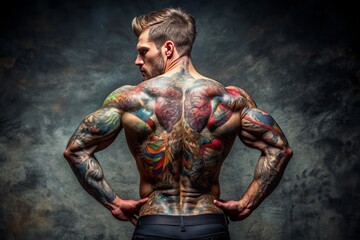 Muscular Man With Intricate And Colorful Tattoos Covering His Broad Back