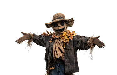 Naklejka premium Scary Scarecrow with Open Arms, Work Clothes, and Dried Leaves, Isolated on Transparent Background, PNG