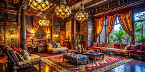 Ornate Furnishings, Traditional Textiles, And Warm Lighting Create A Cozy And Inviting Cambodian-Style Interior Design