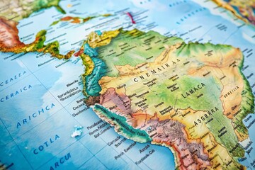 Obraz premium Overhead Map Of Latin America In Pastel Shades, Showing Country Borders And Major Cities
