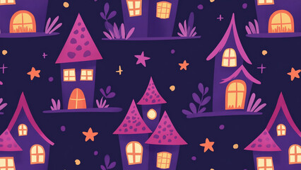Haunted Houses and Bats Pattern on Purple Background