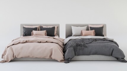 Grey Bed Sheets. Set of Four Beds with Various Bedspreads and Pillows. 3D Render