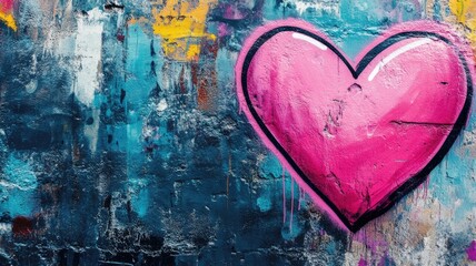 A vibrant pink heart spray-painted on a grungy wall with a colorful graffiti background.