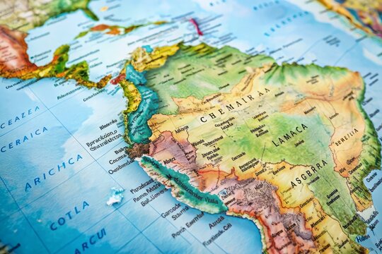 Overhead Map Of Latin America In Pastel Shades, Showing Country Borders And Major Cities