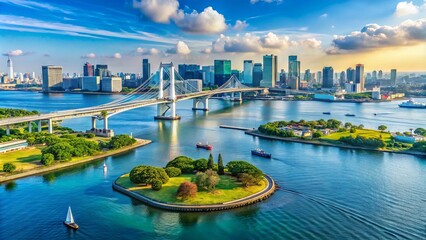 Obraz premium Panoramic View Of Tokyo Bay From The Aqua Line, Displaying The Coastal Landscape And Man-Made Structures