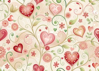 Pastel pink and red hearts, delicate flowers, and intricate swirls adorn a whimsical, romantic wallpaper, perfect for