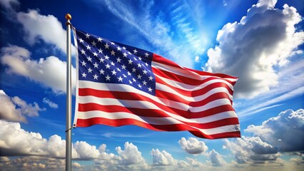 Fototapeta premium Patriotic American flag waving high in the wind against a bright blue sky with clouds, symbolizing freedom and