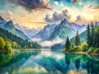 Panoramic View Of Tranquil Mountains And A Lake In Soft And Dreamy Watercolor Strokes