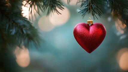 Sparkling red heart ornament delicately hanging from a green Christmas tree, adding a festive touch.