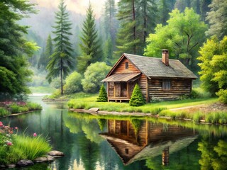 Rustic log cabin surrounded by lush greenery and nestled near a serene lake, rendered in soft, dreamy watercolor