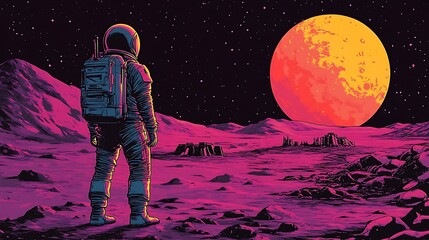 Obraz premium Astronaut on an alien planet, gazing at the red giant star.