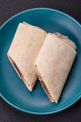 Delicious traditional shawarma or doner kebab with beef, mushrooms