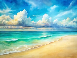Fototapeta premium Serene and abstract beachscape featuring dreamy, blended watercolor hues of blue, green, and sand tones, evoking a